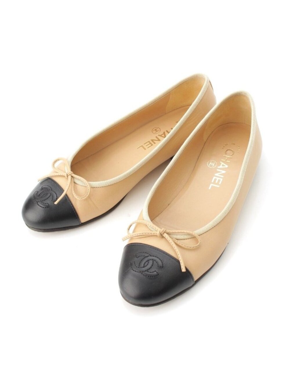 Chanel Ballerina Leather CC Logo Flat Pumps Beige Black
